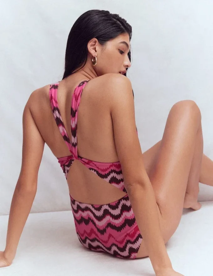 Mykonos Deep V Swimsuit Pink Punch, Zig Zag Wave
