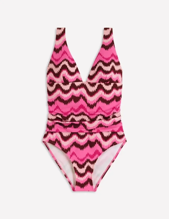 Mykonos Deep V Swimsuit Pink Punch, Zig Zag Wave