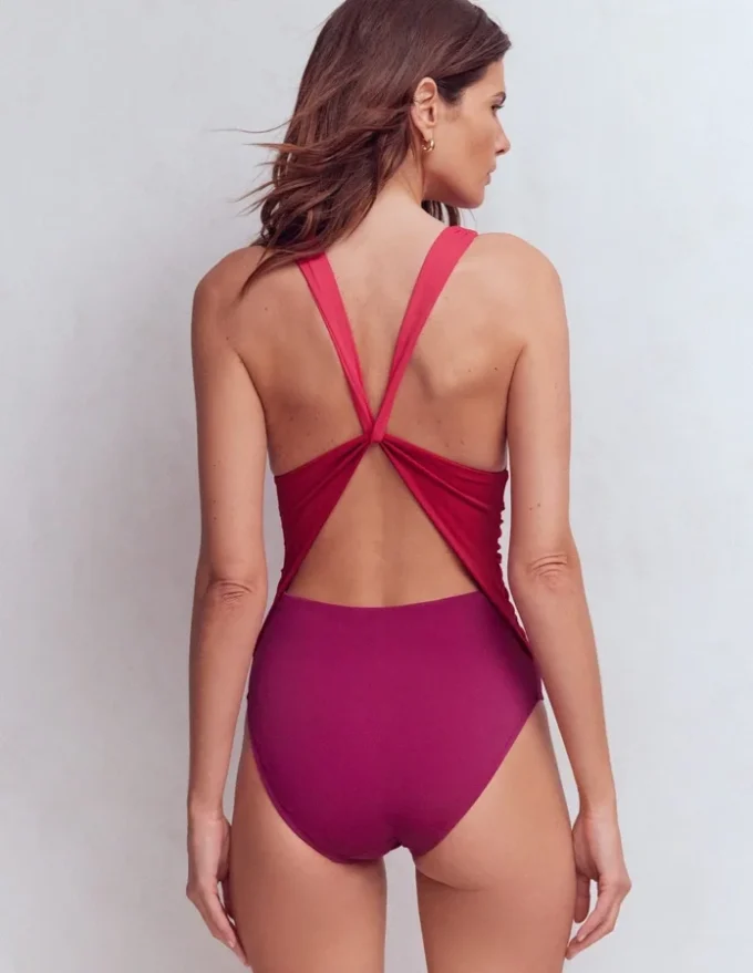 Mykonos Deep V Swimsuit Red, Colour Block