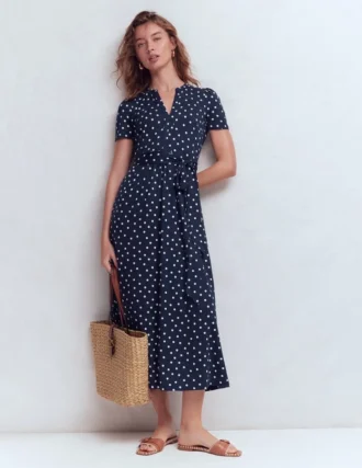 Naomi Jersey Midi Dress Navy and Ivory, Painted Dot