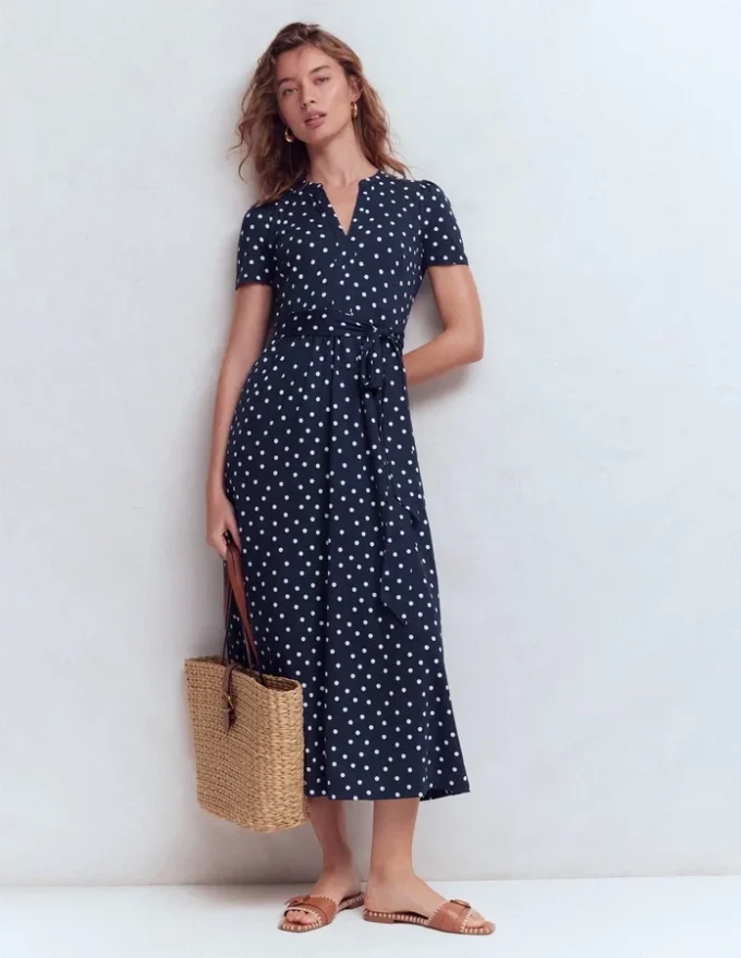 Naomi Jersey Midi Dress Navy and Ivory, Painted Dot Naomi Jersey Midi Dress Navy and Ivory, Painted Dot