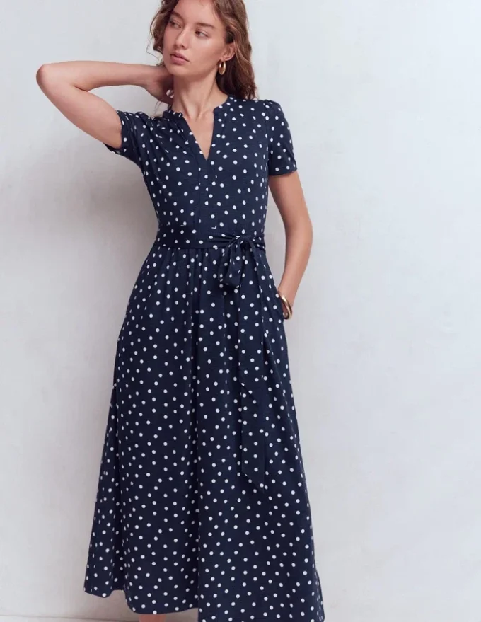 Naomi Jersey Midi Dress Navy and Ivory, Painted Dot Naomi Jersey Midi Dress Navy and Ivory, Painted Dot