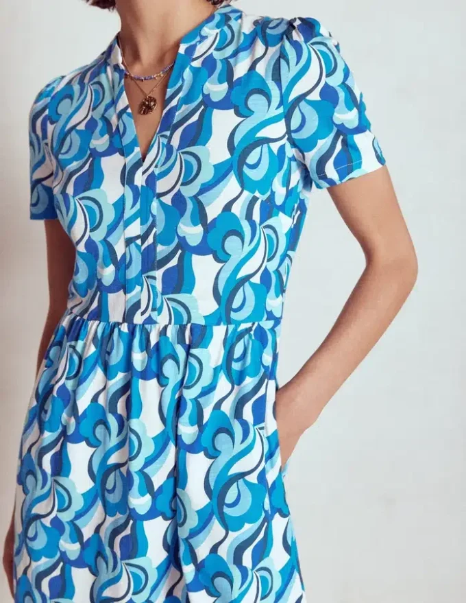 Naomi Short Jersey Dress Blue, Abstract Swirl Naomi Short Jersey Dress Blue, Abstract Swirl