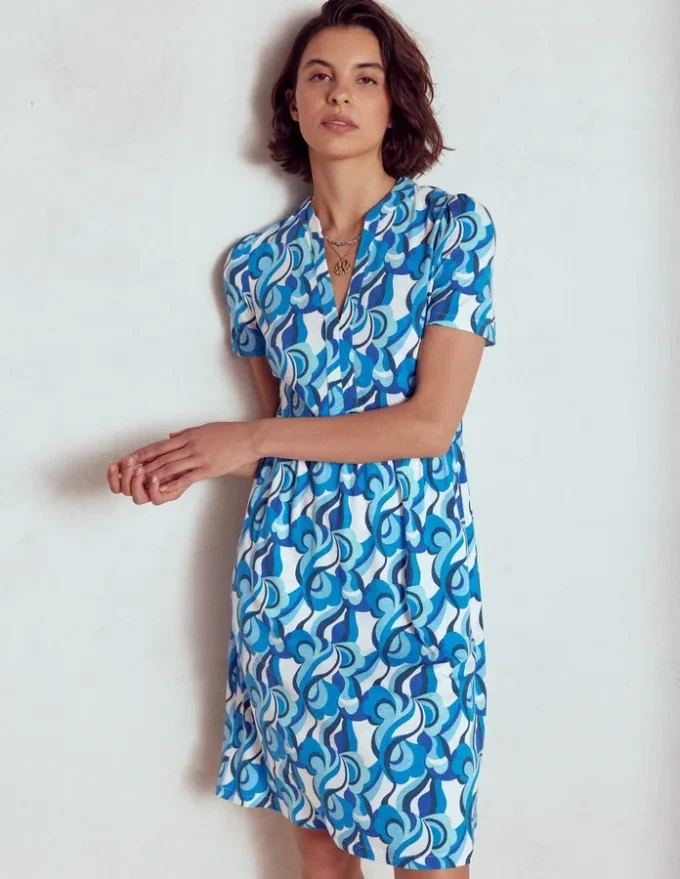 Naomi Short Jersey Dress Blue, Abstract Swirl Naomi Short Jersey Dress Blue, Abstract Swirl