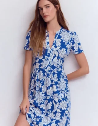Naomi Short Jersey Dress Blue, Botanical Flourish Mono