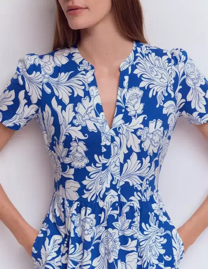 Naomi Short Jersey Dress Blue, Botanical Flourish Mono Naomi Short Jersey Dress Blue, Botanical Flourish Mono