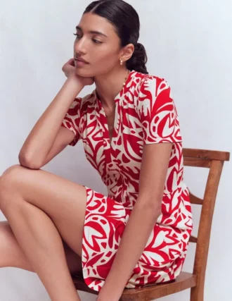 Naomi Short Jersey Dress Merida Red, Leafy Cascade Mono