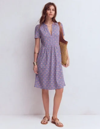 Naomi Short Jersey Dress Purple Thistle, Flower Lattice
