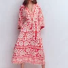 Nell Kimono Midi Jersey Dress Bright Cherry, Ornate Floret Nell Kimono Midi Jersey Dress Bright Cherry, Ornate Floret