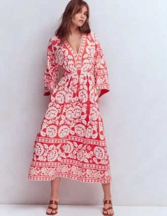 Nell Kimono Midi Jersey Dress Bright Cherry, Ornate Floret
