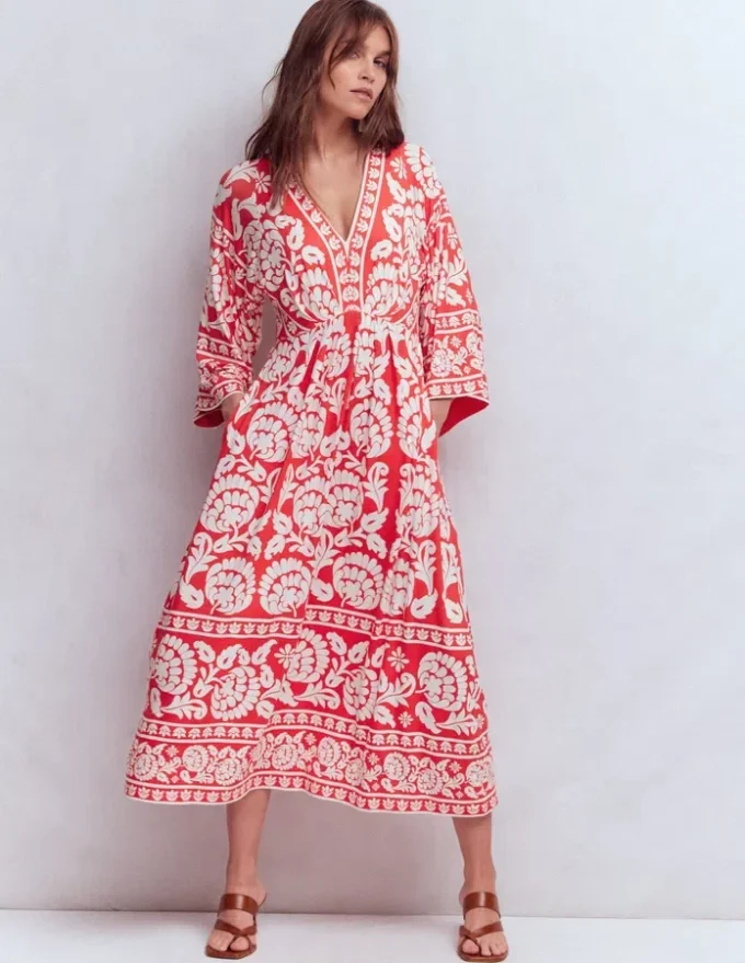 Nell Kimono Midi Jersey Dress Bright Cherry, Ornate Floret Nell Kimono Midi Jersey Dress Bright Cherry, Ornate Floret