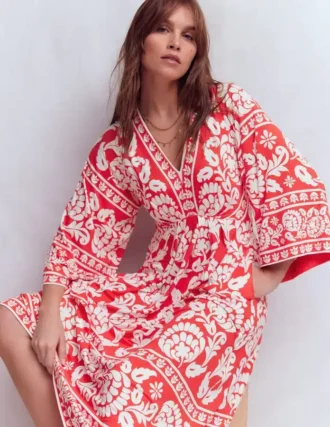 Nell Kimono Midi Jersey Dress Bright Cherry, Ornate Floret