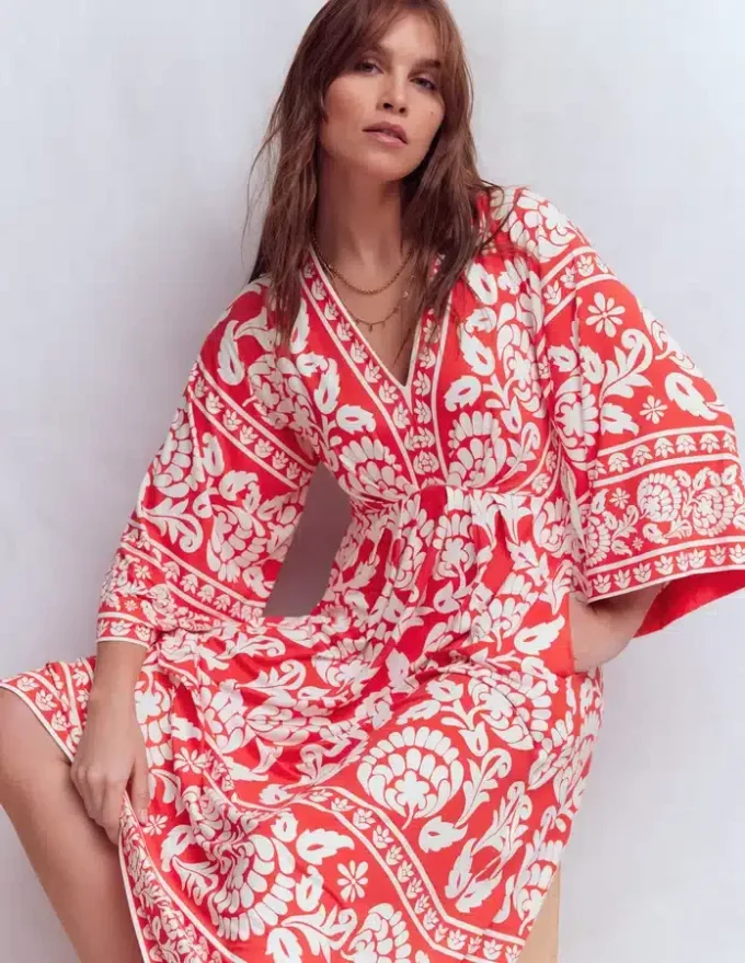 Nell Kimono Midi Jersey Dress Bright Cherry, Ornate Floret Nell Kimono Midi Jersey Dress Bright Cherry, Ornate Floret