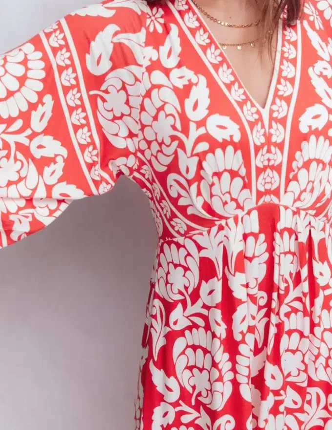 Nell Kimono Midi Jersey Dress Bright Cherry, Ornate Floret Nell Kimono Midi Jersey Dress Bright Cherry, Ornate Floret