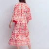 Nell Kimono Midi Jersey Dress Bright Cherry, Ornate Floret Nell Kimono Midi Jersey Dress Bright Cherry, Ornate Floret