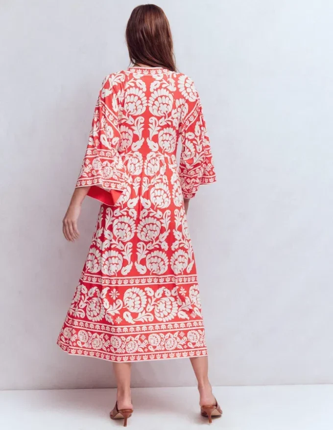 Nell Kimono Midi Jersey Dress Bright Cherry, Ornate Floret Nell Kimono Midi Jersey Dress Bright Cherry, Ornate Floret