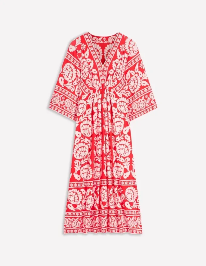 Nell Kimono Midi Jersey Dress Bright Cherry, Ornate Floret Nell Kimono Midi Jersey Dress Bright Cherry, Ornate Floret