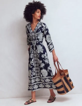 Nell Kimono Midi Jersey Dress Navy, Elegant Blossom
