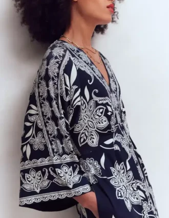 Nell Kimono Midi Jersey Dress Navy, Elegant Blossom