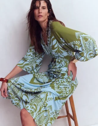 Nell Kimono Midi Jersey Dress Olive, Ornamental Garden