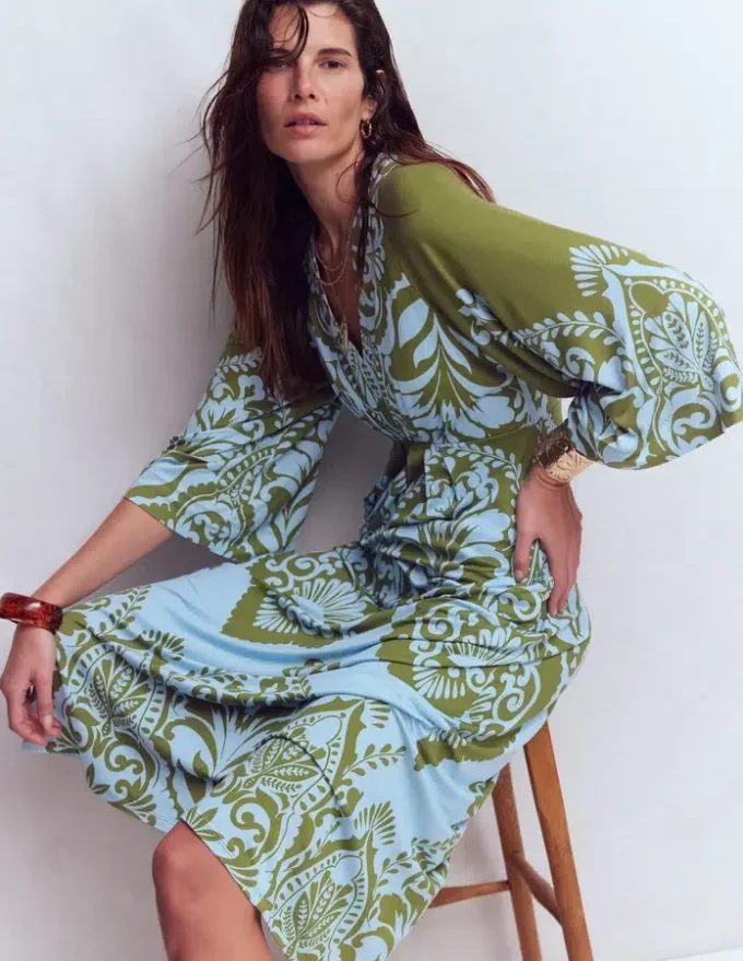 Nell Kimono Midi Jersey Dress Olive, Ornamental Garden Nell Kimono Midi Jersey Dress Olive, Ornamental Garden