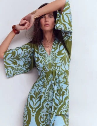 Nell Kimono Midi Jersey Dress Olive, Ornamental Garden