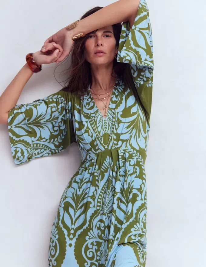 Nell Kimono Midi Jersey Dress Olive, Ornamental Garden Nell Kimono Midi Jersey Dress Olive, Ornamental Garden