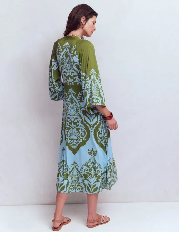 Nell Kimono Midi Jersey Dress Olive, Ornamental Garden Nell Kimono Midi Jersey Dress Olive, Ornamental Garden