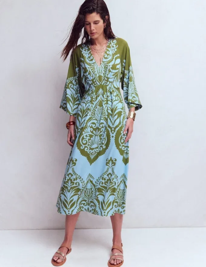 Nell Kimono Midi Jersey Dress Olive, Ornamental Garden Nell Kimono Midi Jersey Dress Olive, Ornamental Garden