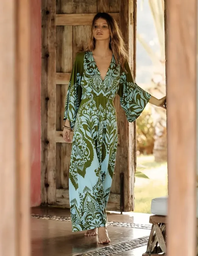 Nell Kimono Midi Jersey Dress Olive, Ornamental Garden Nell Kimono Midi Jersey Dress Olive, Ornamental Garden