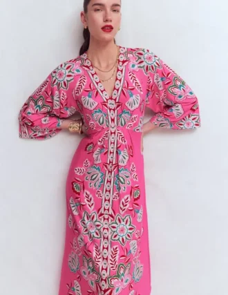 Nell Kimono Midi Jersey Dress Pink, Blossom Elegance