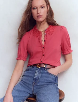 Nessa Broderie Collar Blouse Cherry Blush