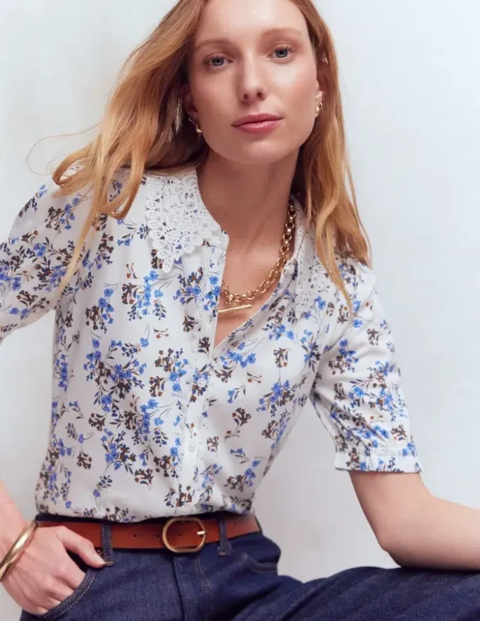 Nessa Broderie Collar Blouse Ivory, Blue Bloom Scatter Nessa Broderie Collar Blouse Ivory, Blue Bloom Scatter