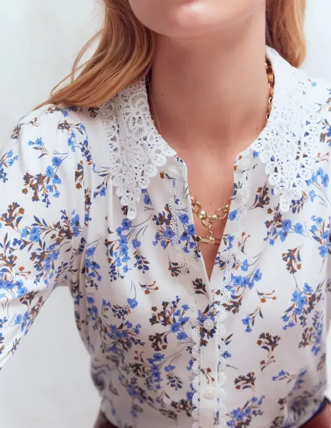 Nessa Broderie Collar Blouse Ivory, Blue Bloom Scatter Nessa Broderie Collar Blouse Ivory, Blue Bloom Scatter
