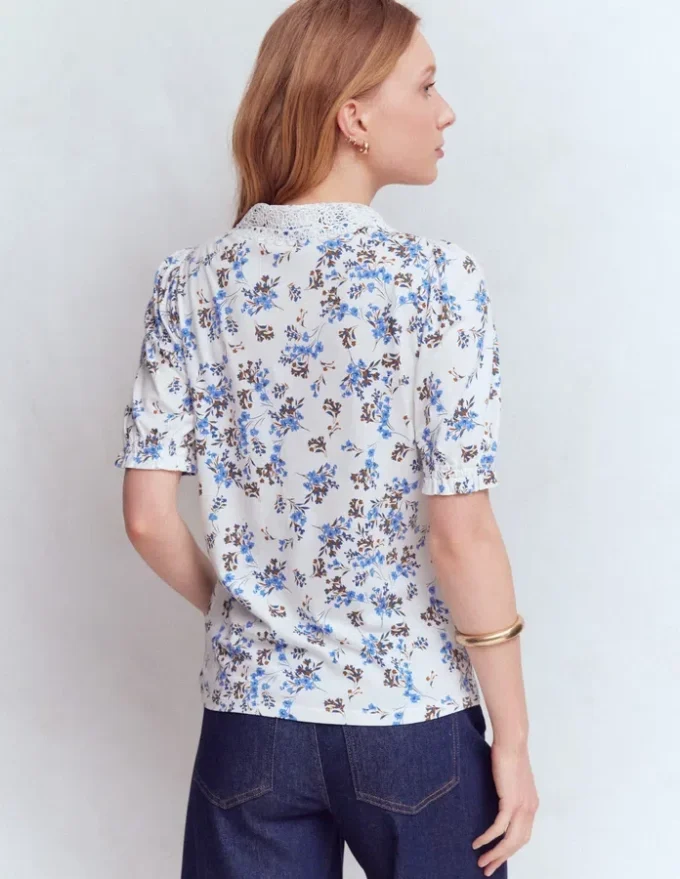 Nessa Broderie Collar Blouse Ivory, Blue Bloom Scatter Nessa Broderie Collar Blouse Ivory, Blue Bloom Scatter