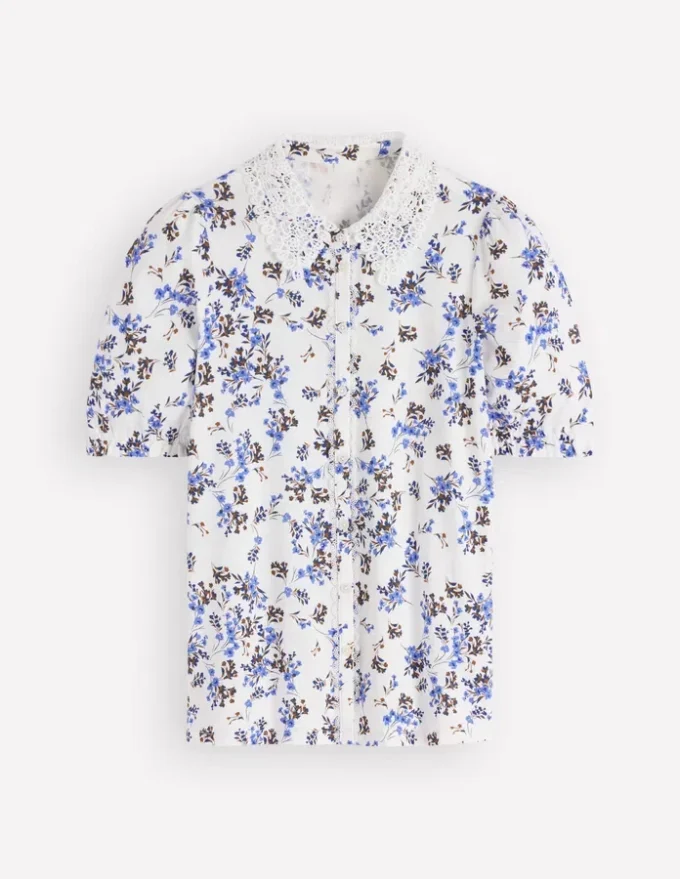 Nessa Broderie Collar Blouse Ivory, Blue Bloom Scatter Nessa Broderie Collar Blouse Ivory, Blue Bloom Scatter