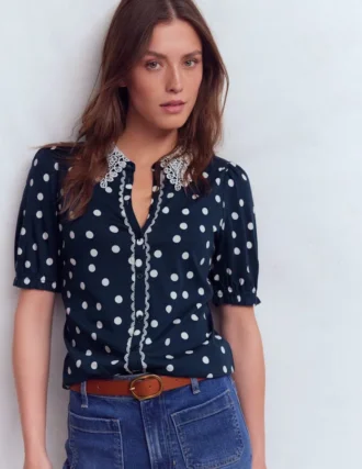 Nessa Broderie Collar Blouse Painted Dot Spaced