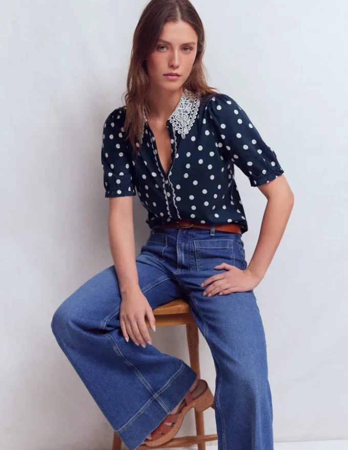 Nessa Broderie Collar Blouse Painted Dot Spaced Nessa Broderie Collar Blouse Painted Dot Spaced