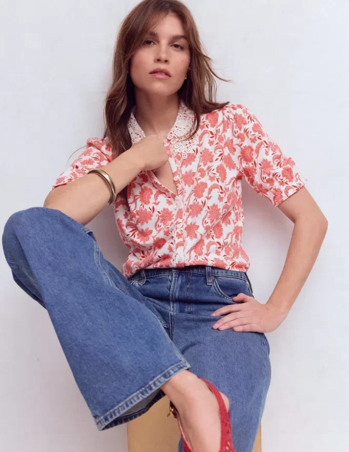 Nessa Broderie Collar Blouse Pink Floral Nessa Broderie Collar Blouse Pink Floral