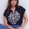 Nina Embroidered Notch T-shirt Navy Embroidery Nina Embroidered Notch T-shirt Navy Embroidery