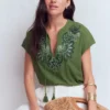 Nina Embroidered Notch T-shirt Safari Green Nina Embroidered Notch T-shirt Safari Green