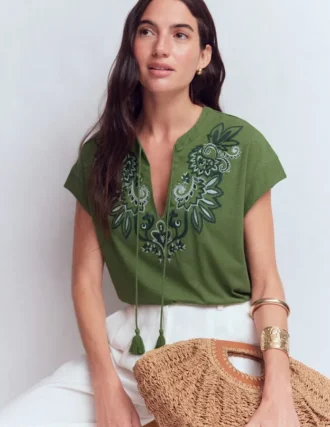 Nina Embroidered Notch T-shirt Safari Green Nina Embroidered Notch T-shirt Safari Green