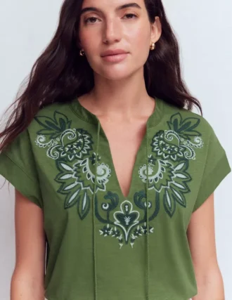 Nina Embroidered Notch T-shirt Safari Green Nina Embroidered Notch T-shirt Safari Green