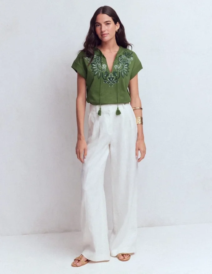 Nina Embroidered Notch T-shirt Safari Green Nina Embroidered Notch T-shirt Safari Green
