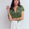 Nina Embroidered Notch T-shirt Safari Green Nina Embroidered Notch T-shirt Safari Green