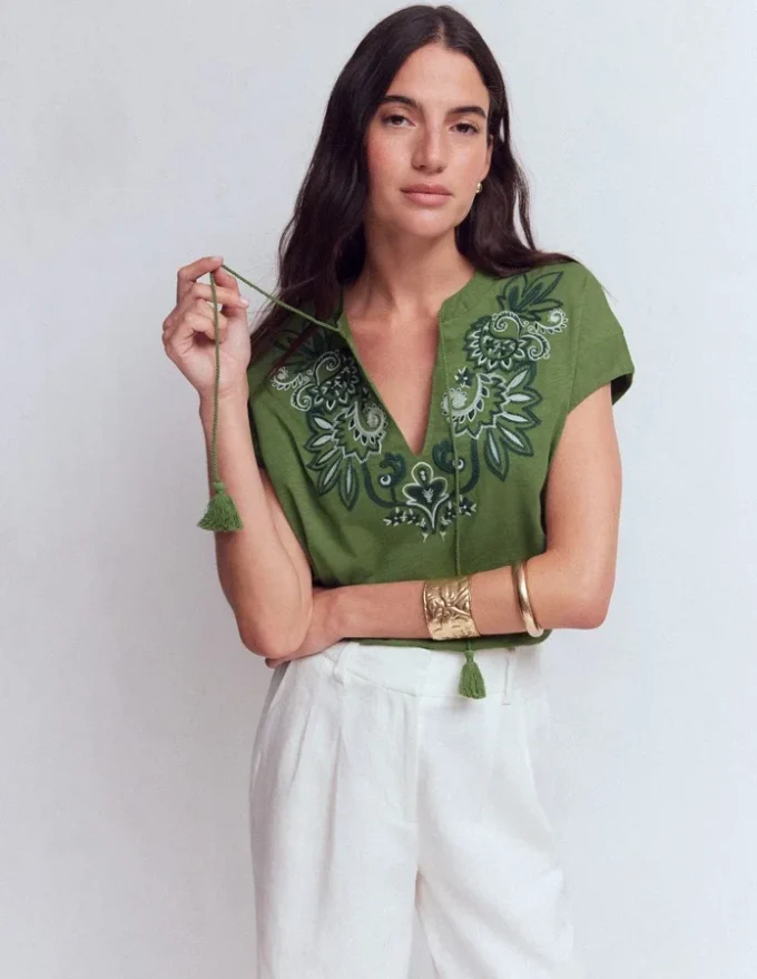 Nina Embroidered Notch T-shirt Safari Green Nina Embroidered Notch T-shirt Safari Green