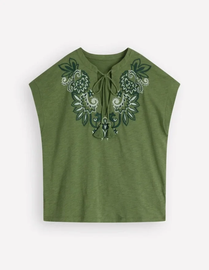 Nina Embroidered Notch T-shirt Safari Green Nina Embroidered Notch T-shirt Safari Green