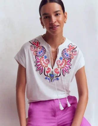 Nina Embroidered Notch T-shirt White – Multi Embroidery
