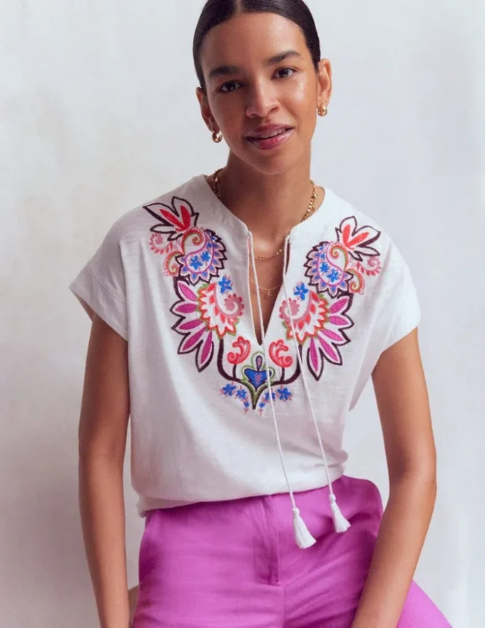 Nina Embroidered Notch T-shirt White – Multi Embroidery Nina Embroidered Notch T-shirt White – Multi Embroidery