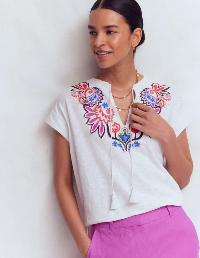 Nina Embroidered Notch T-shirt White – Multi Embroidery Nina Embroidered Notch T-shirt White – Multi Embroidery